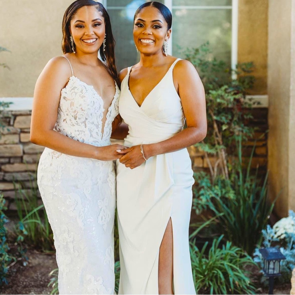 White, evening gown with split, size small